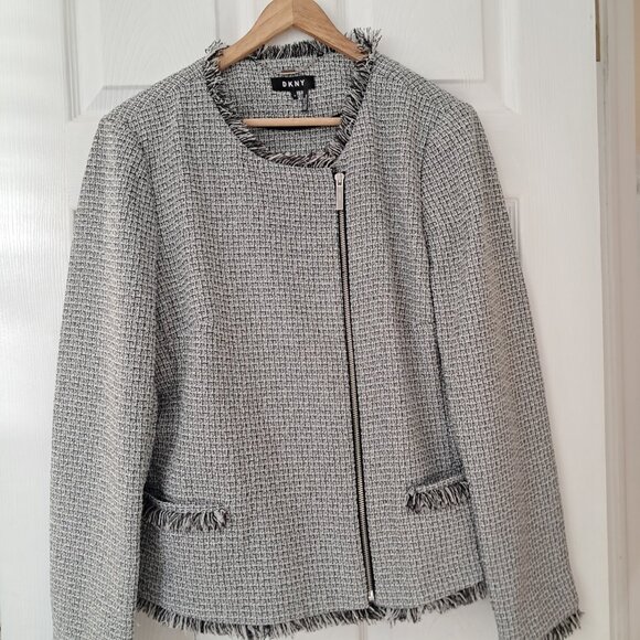 DKNY Women's Business Plus size Fringe Trim Tweed style zipper blazer size 16 - Picture 5 of 9